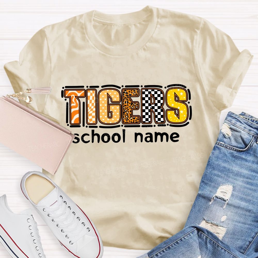 Personalized Mascot and school name Leopard Print Checkerboard And Stars Teacher T-shirt