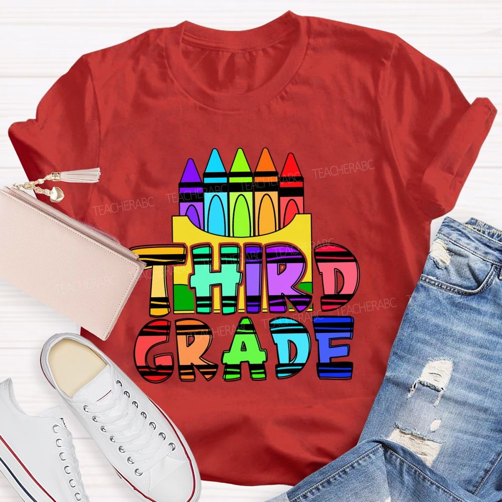 Personalized Grade Colored Crayon And Text Prints Teacher T-shirt