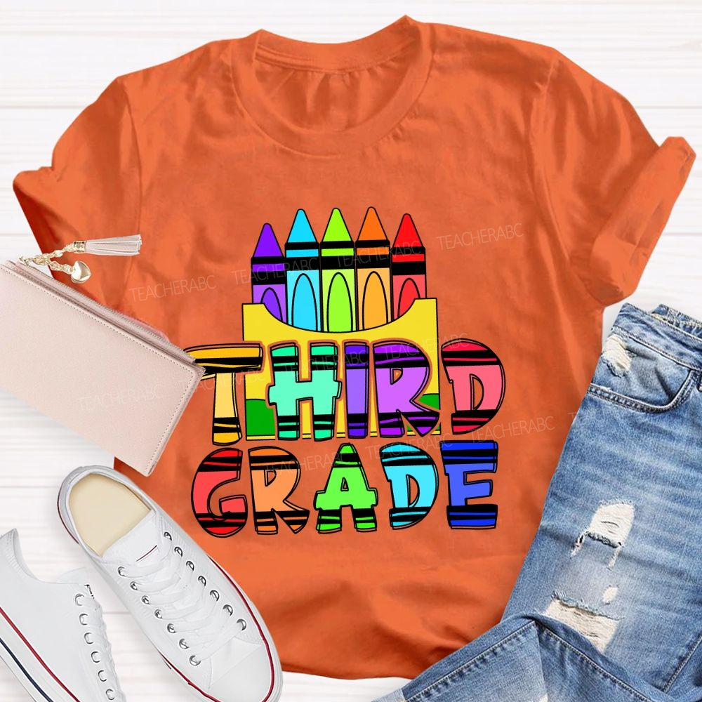 Personalized Grade Colored Crayon And Text Prints Teacher T-shirt