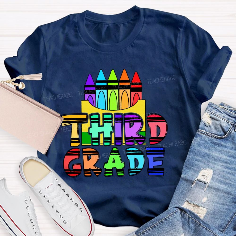 Personalized Grade Colored Crayon And Text Prints Teacher T-shirt