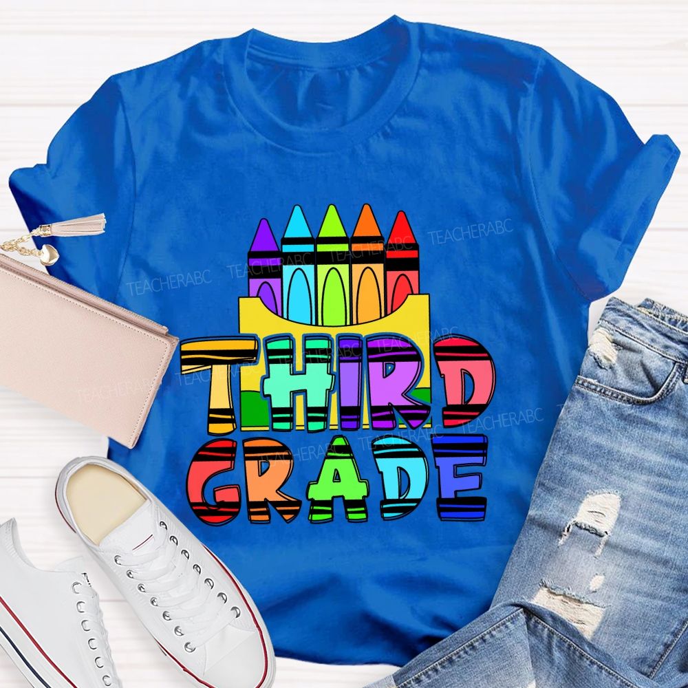 Personalized Grade Colored Crayon And Text Prints Teacher T-shirt
