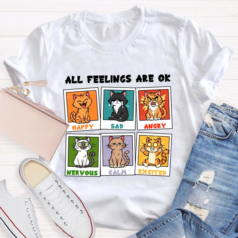 All Feelings Are Ok A Cat'S Various Moods Teacher T-Shirt