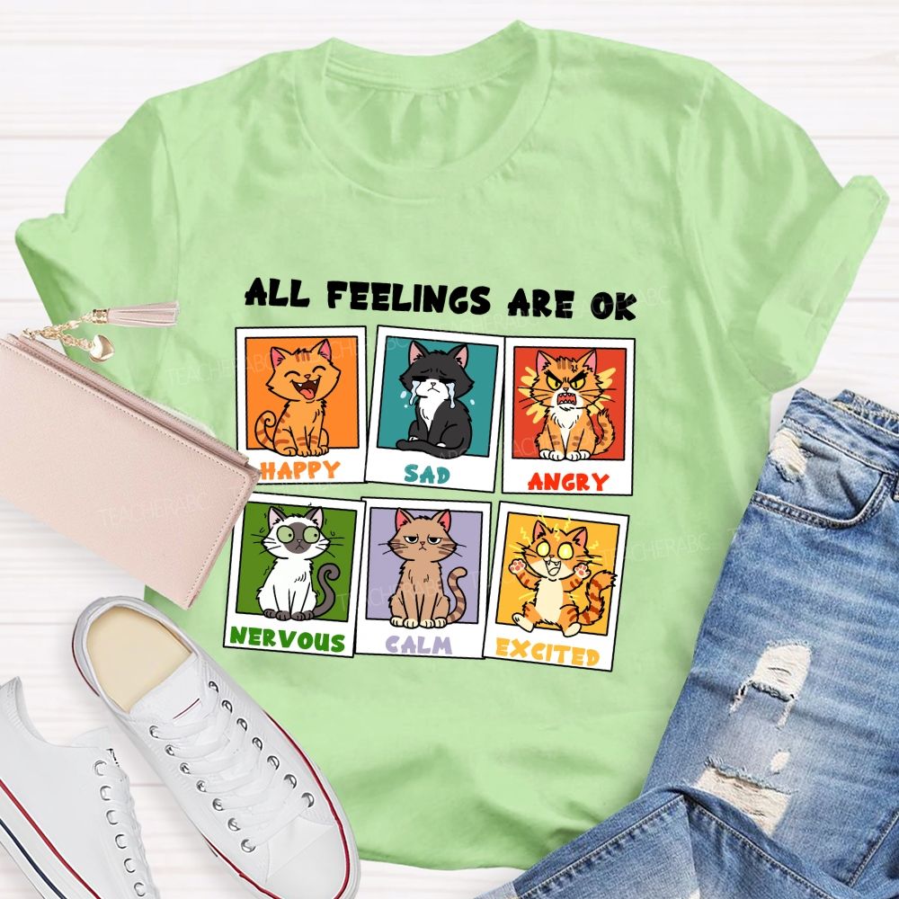 All Feelings Are Ok A Cat'S Various Moods Teacher T-Shirt