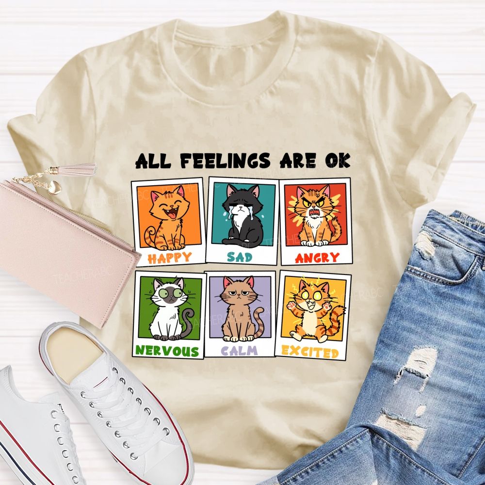 All Feelings Are Ok A Cat'S Various Moods Teacher T-Shirt