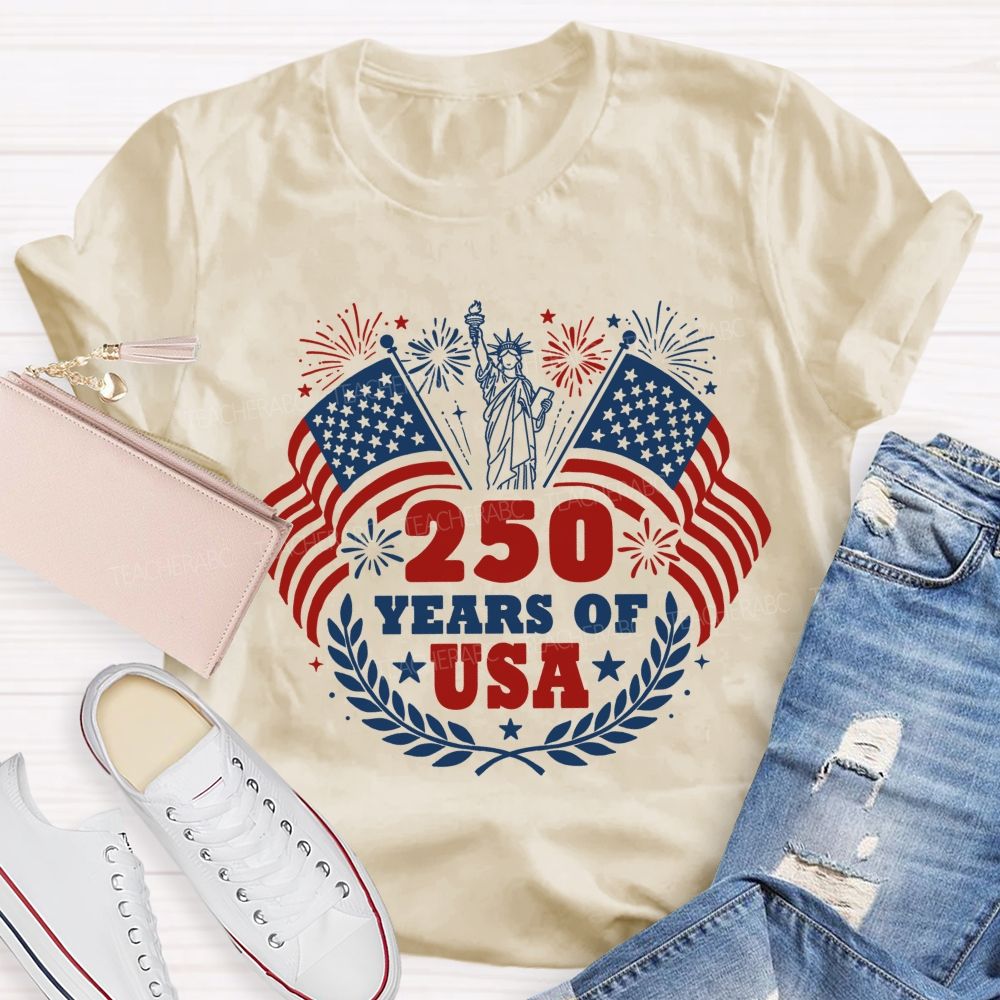 250 Years Of Usa Us Flag Fireworks Teacher T-Shirt