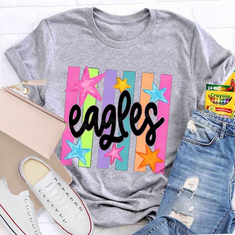 Personalized Mascot Colorful Strip Stars Teacher T-Shirt