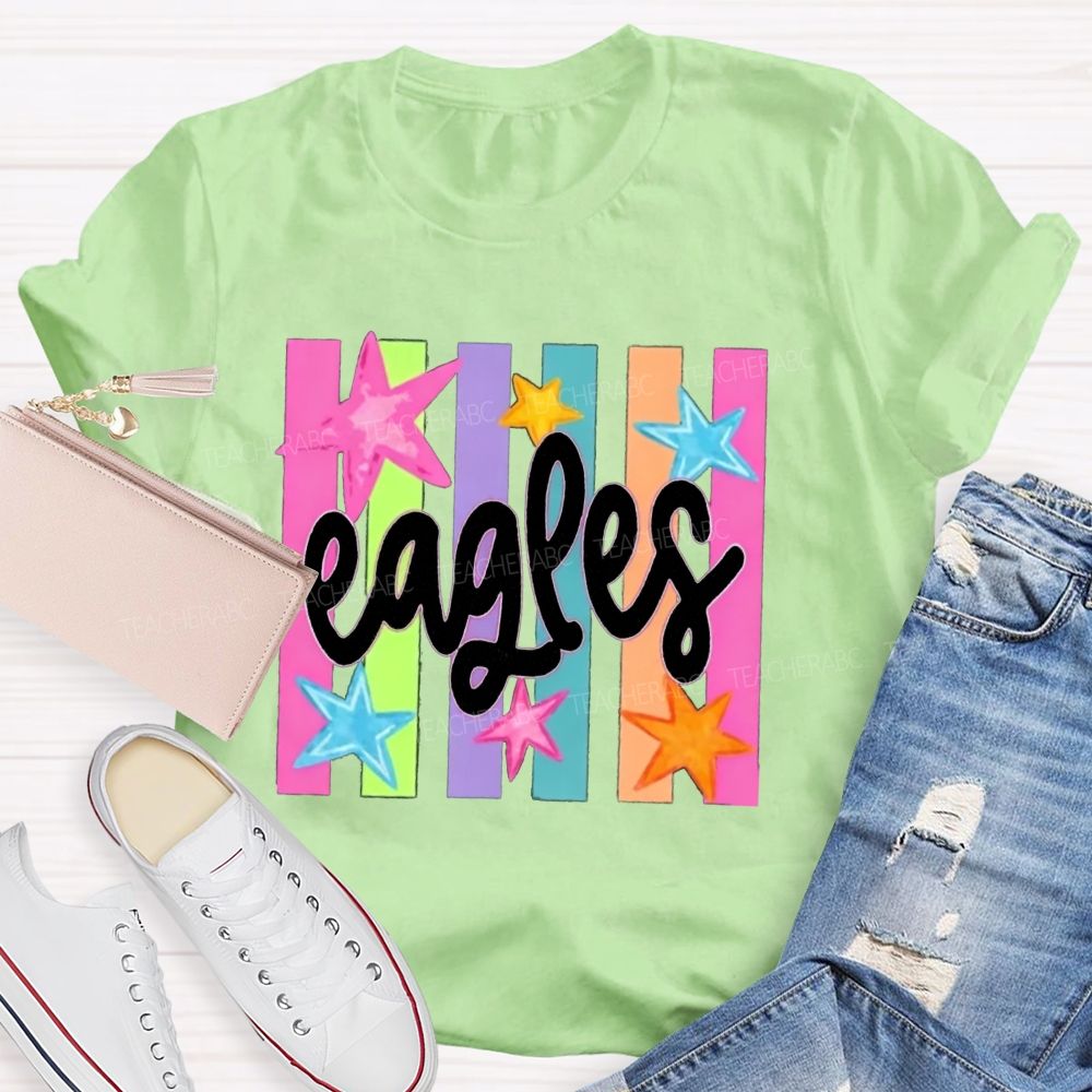 Personalized Mascot Colorful Strip Stars Teacher T-Shirt