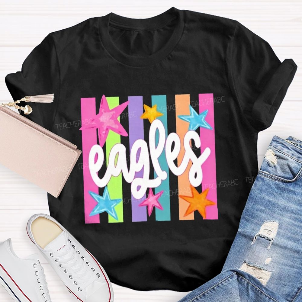 Personalized Mascot Colorful Strip Stars Teacher T-Shirt