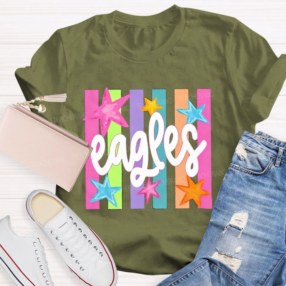 Personalized Mascot Colorful Strip Stars Teacher T-Shirt