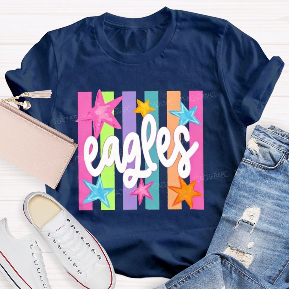 Personalized Mascot Colorful Strip Stars Teacher T-Shirt
