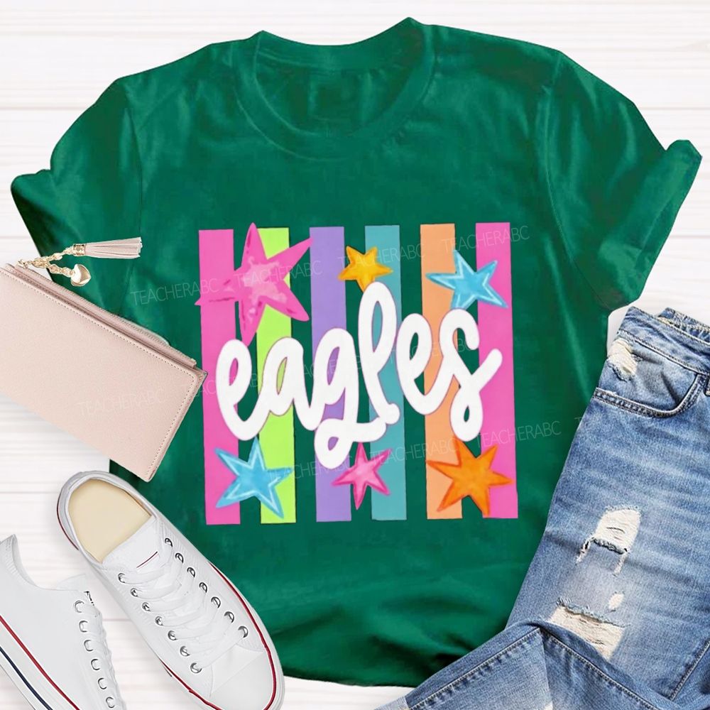 Personalized Mascot Colorful Strip Stars Teacher T-Shirt