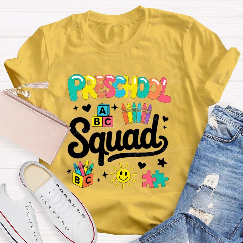 Personalized Grade Preschool Squad Colorful Crayon Sun Teacher T-Shirt