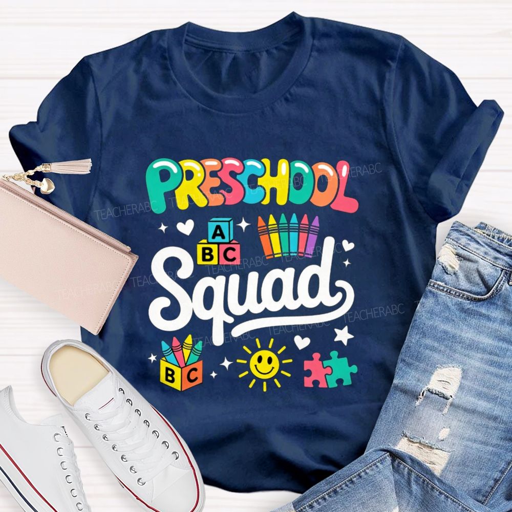 Personalized Grade Preschool Squad Colorful Crayon Sun Teacher T-Shirt