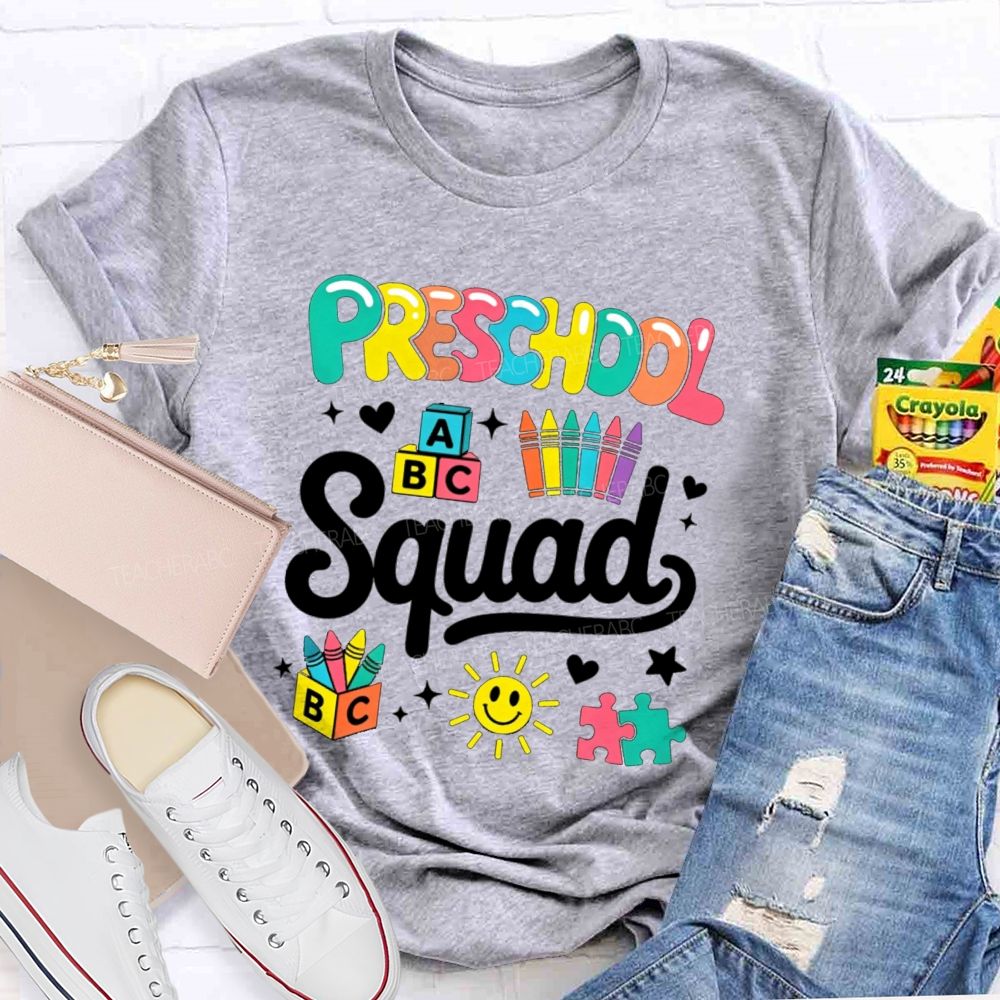 Personalized Grade Preschool Squad Colorful Crayon Sun Teacher T-Shirt