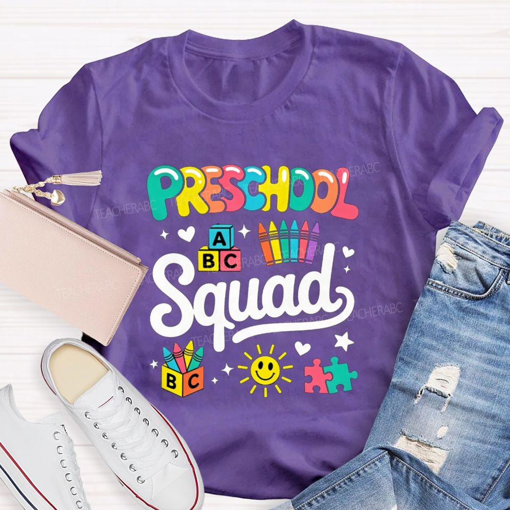 Personalized Grade Preschool Squad Colorful Crayon Sun Teacher T-Shirt
