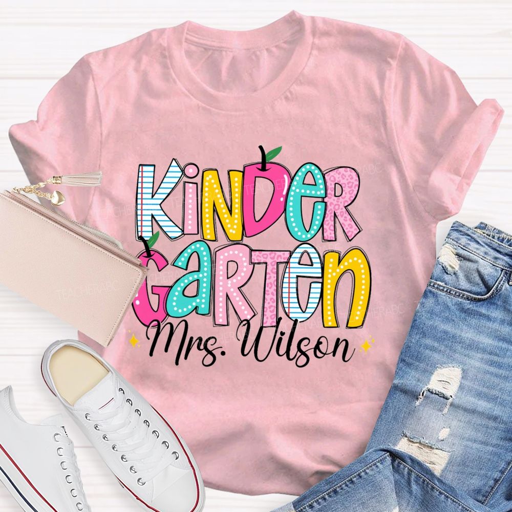 Personalized Grade And Name Pink Apple Leopard Strip Teacher T-Shirt