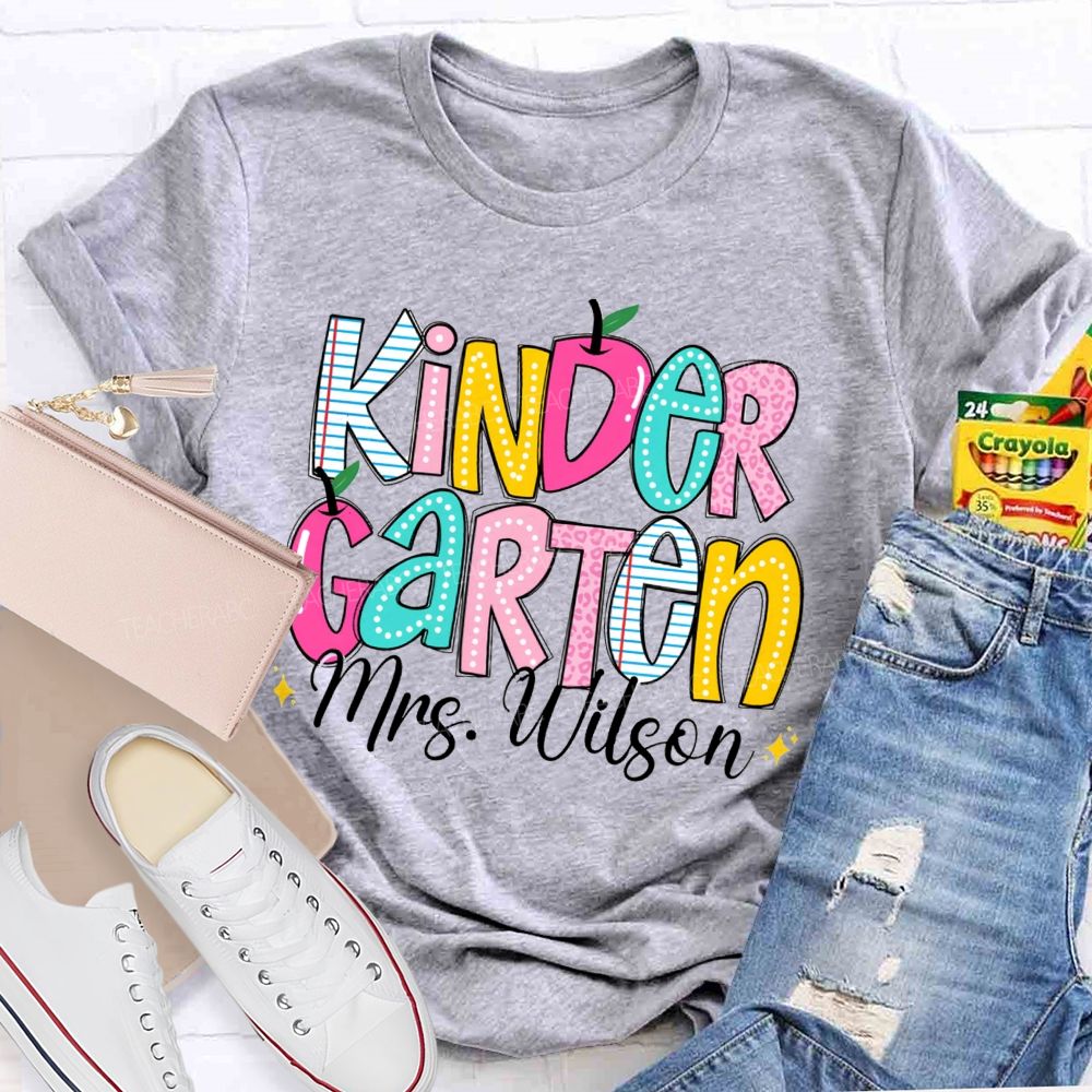 Personalized Grade And Name Pink Apple Leopard Strip Teacher T-Shirt