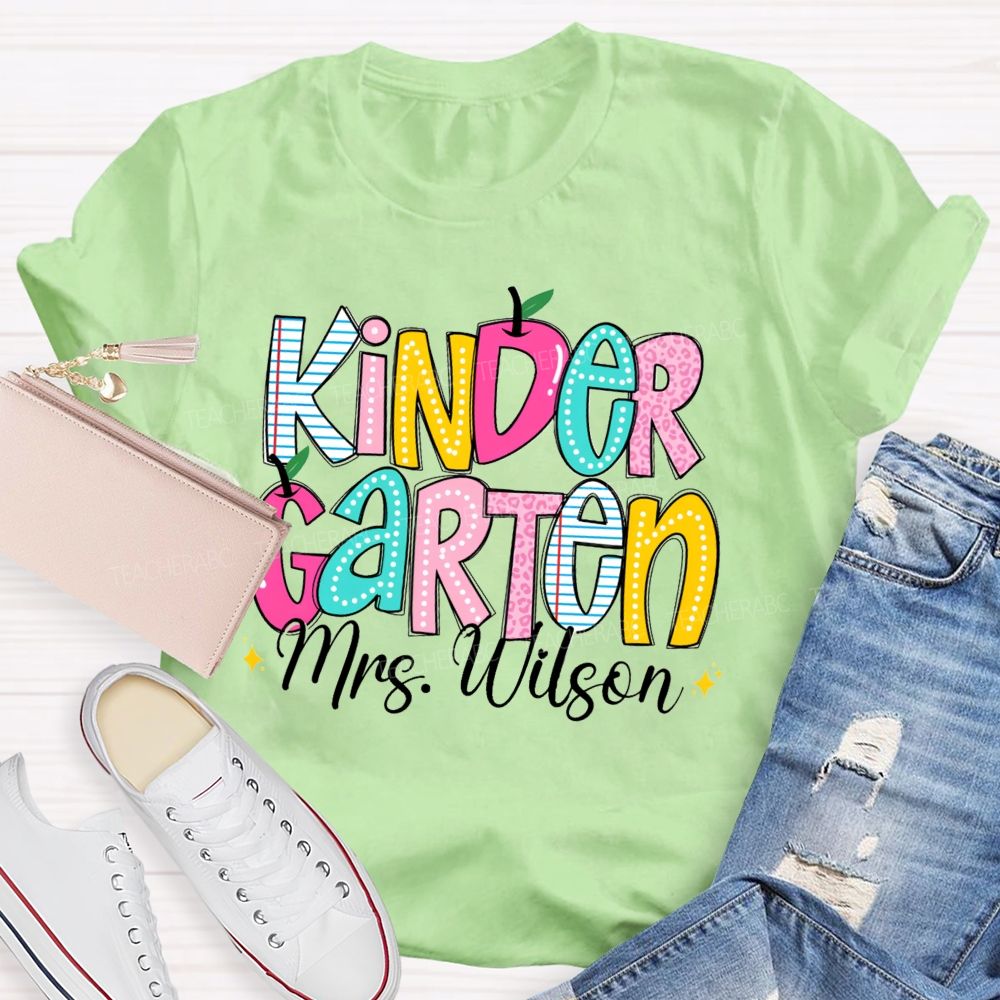 Personalized Grade And Name Pink Apple Leopard Strip Teacher T-Shirt