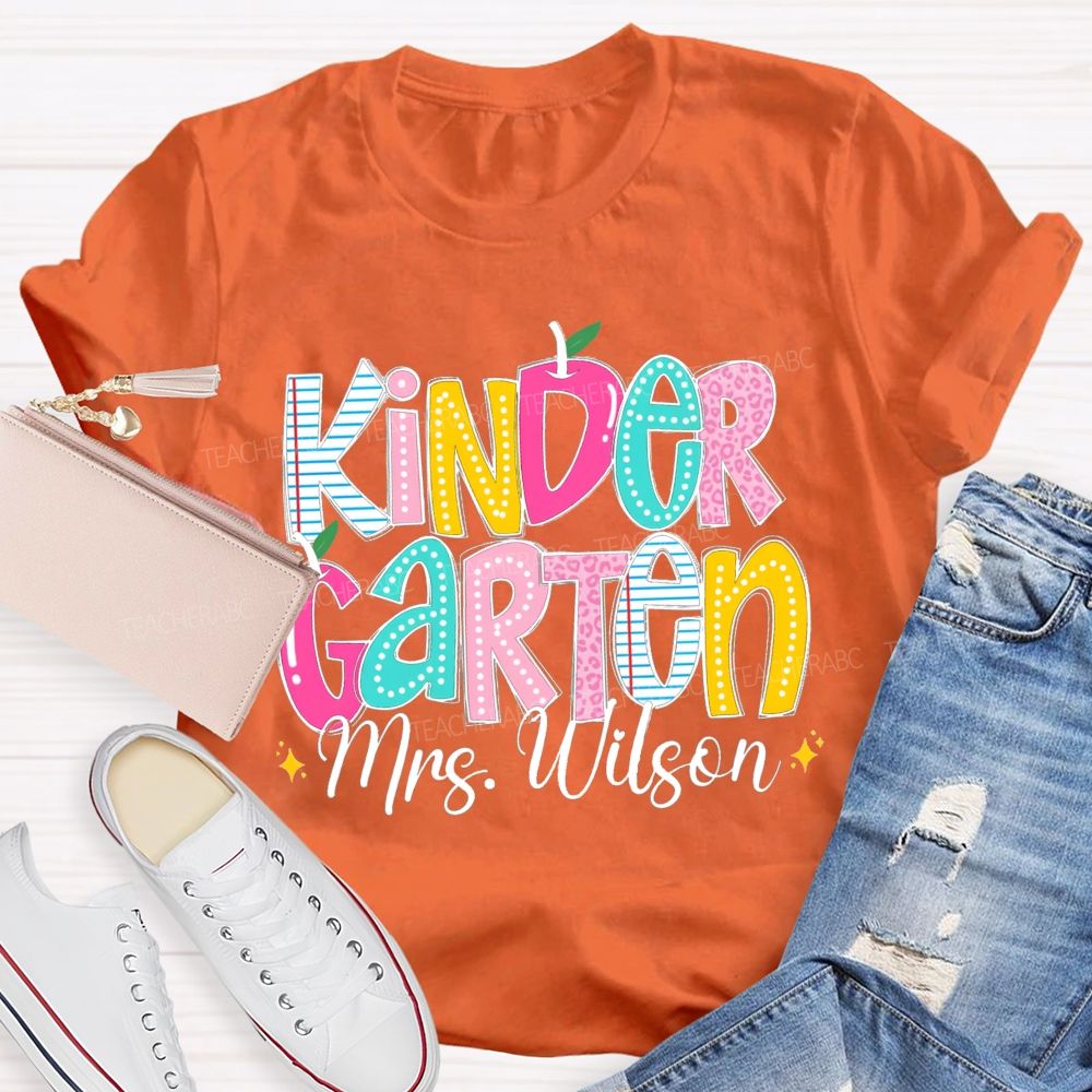 Personalized Grade And Name Pink Apple Leopard Strip Teacher T-Shirt