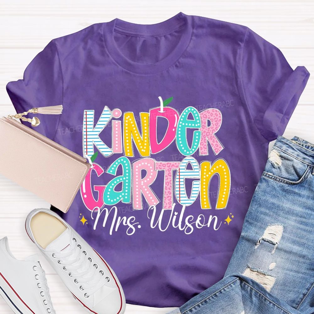 Personalized Grade And Name Pink Apple Leopard Strip Teacher T-Shirt