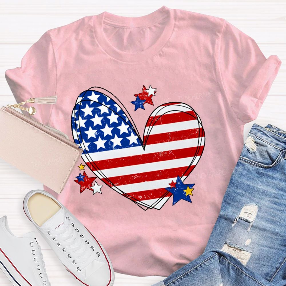 America Flag Stars Heart   Teacher T-shirt