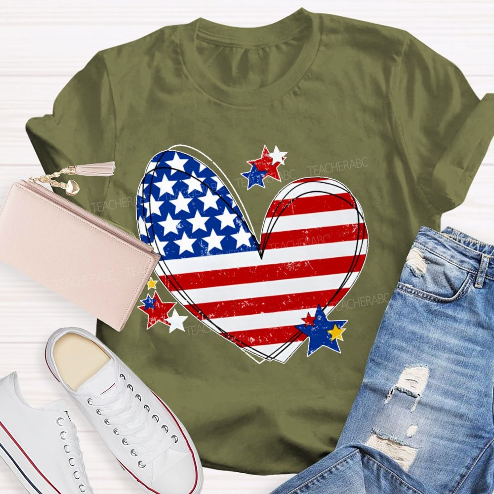 America Flag Stars Heart   Teacher T-shirt