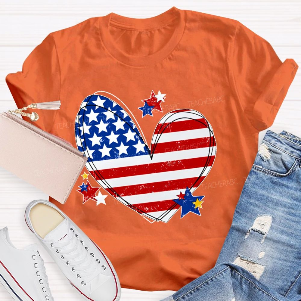 America Flag Stars Heart   Teacher T-shirt