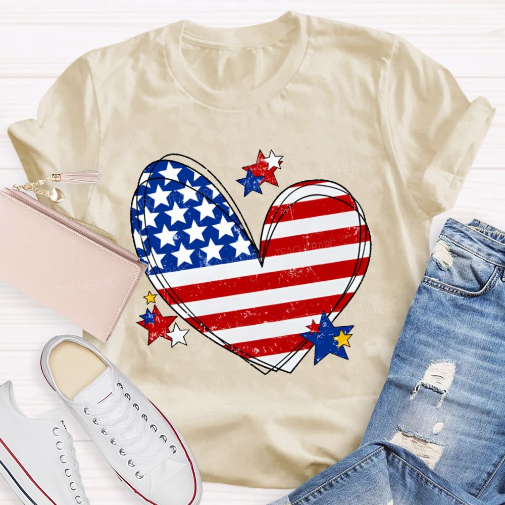 America Flag Stars Heart   Teacher T-shirt