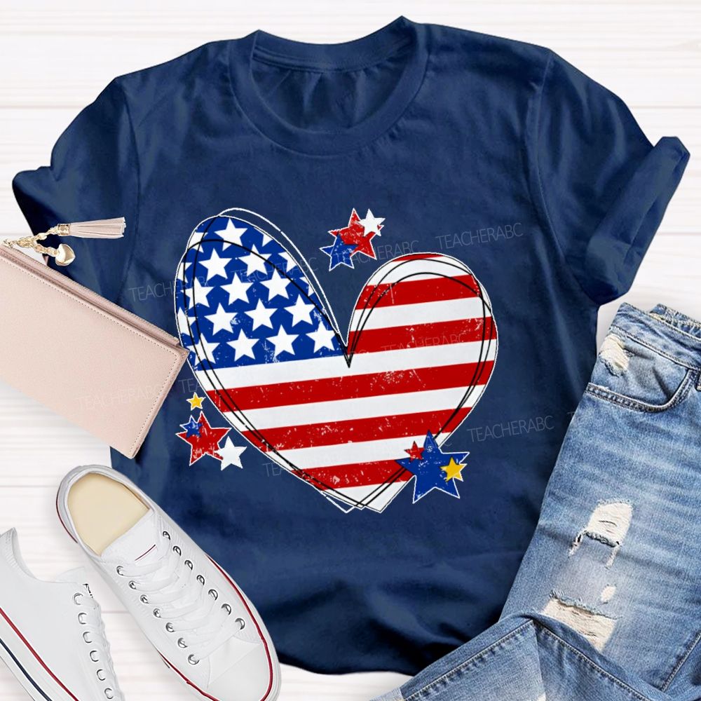 America Flag Stars Heart   Teacher T-shirt