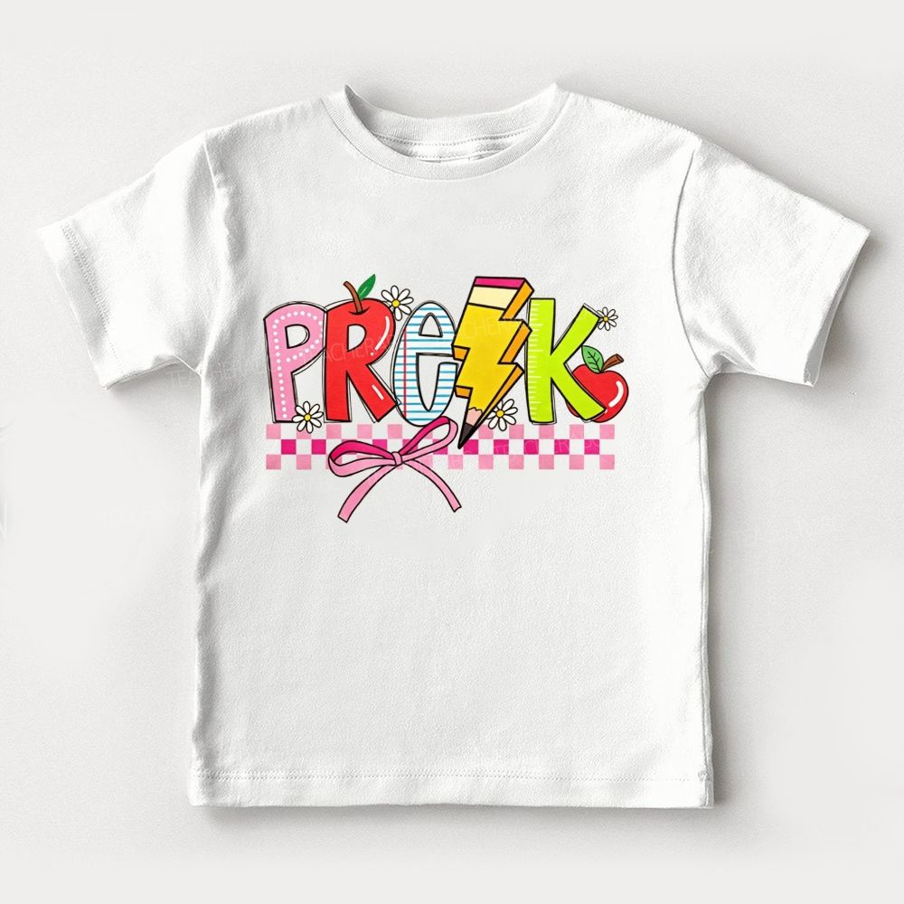 Personalized Grade Bow And Checkered Pre-K Vibes Toddler T-shirts
