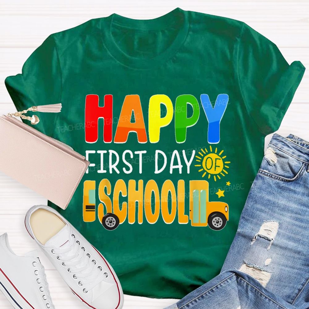 Happy First Day Of School   Colorful Letters Pattern  Teacher T-shirt