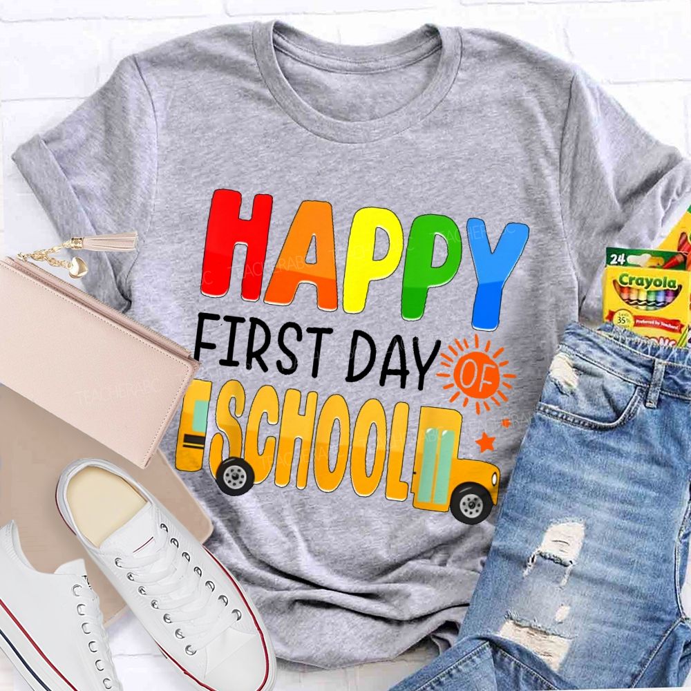 Happy First Day Of School   Colorful Letters Pattern  Teacher T-shirt