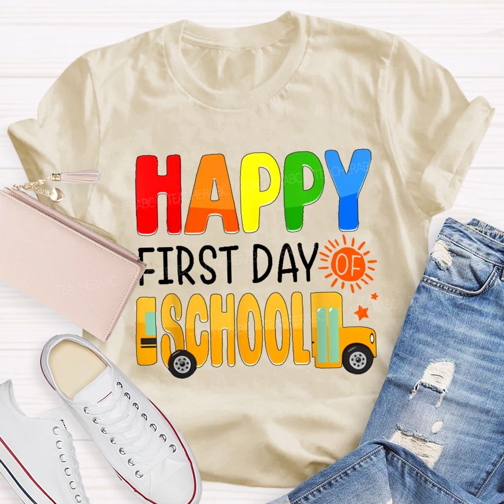 Happy First Day Of School   Colorful Letters Pattern  Teacher T-shirt