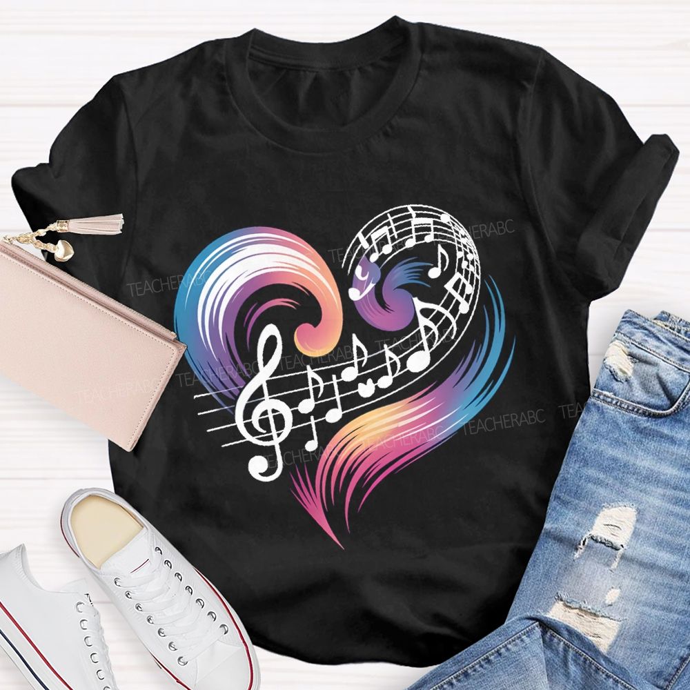 Colorful Gradient Heart And Musical Notes Teacher T-shirt