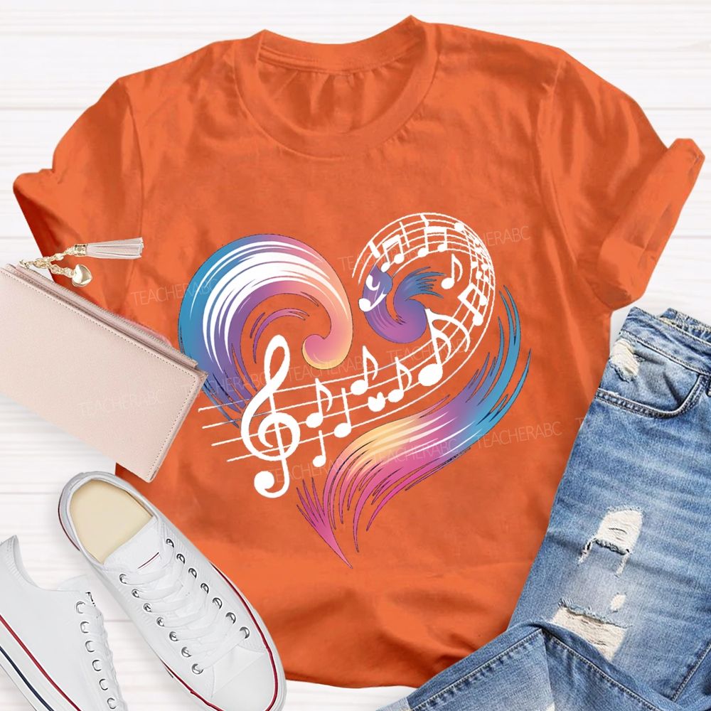 Colorful Gradient Heart And Musical Notes Teacher T-shirt