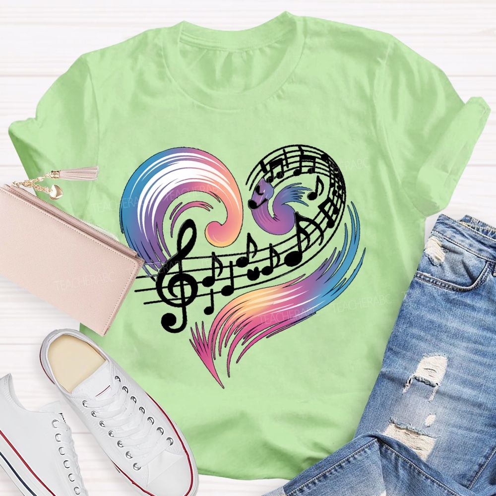Colorful Gradient Heart And Musical Notes Teacher T-shirt