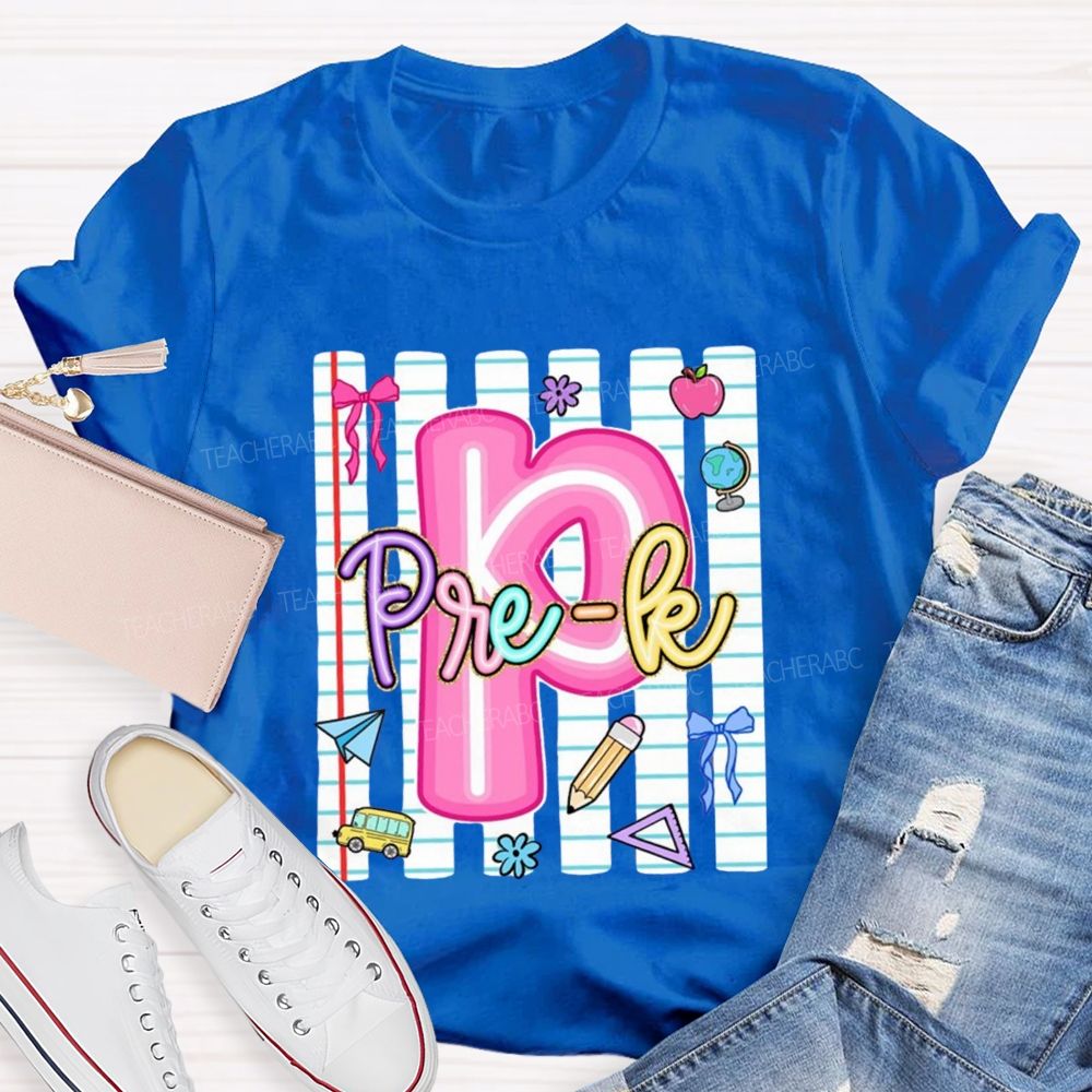 Personalized Grade Pink Letter P is For Pre-k Teacher T-shirt