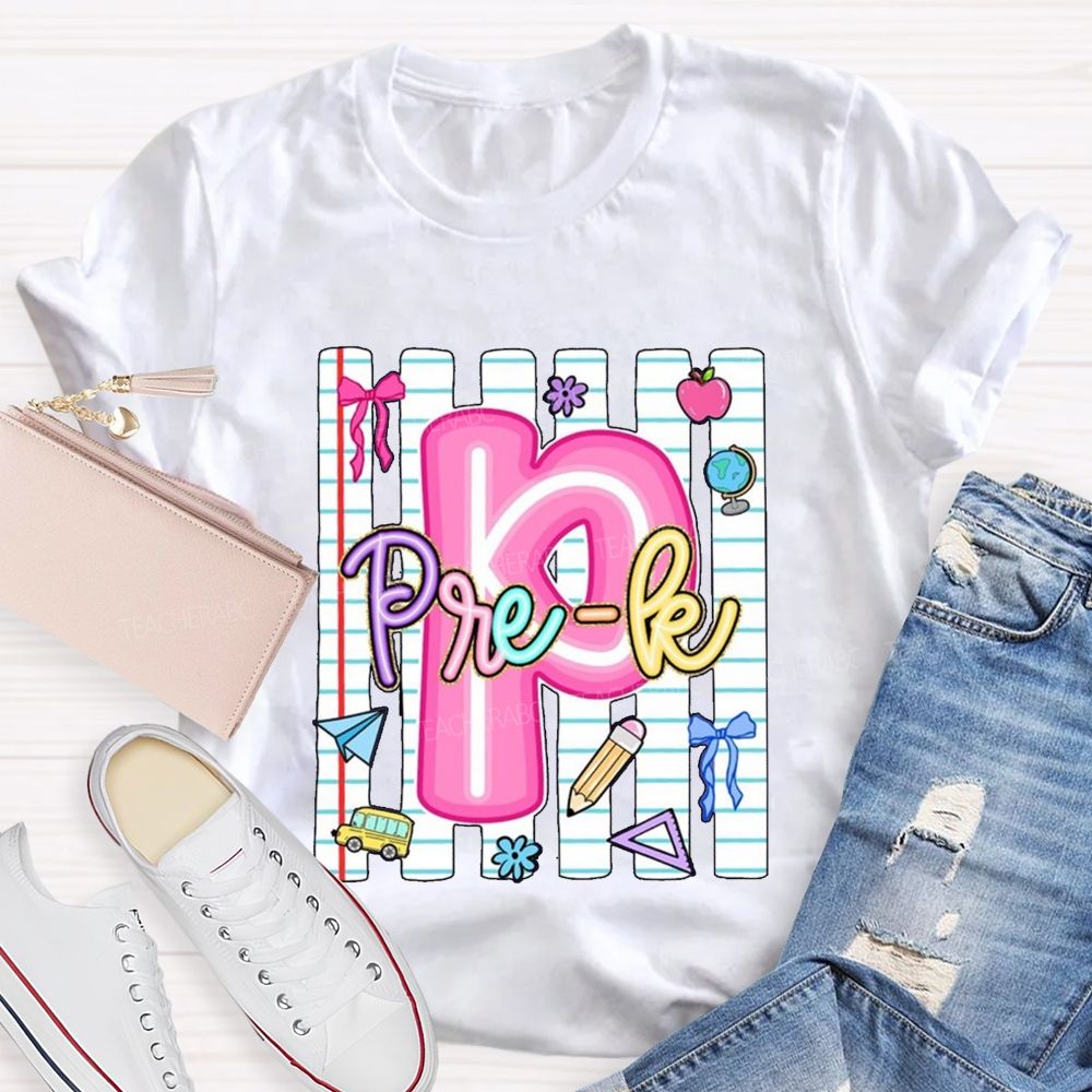 Personalized Grade Pink Letter P is For Pre-k Teacher T-shirt