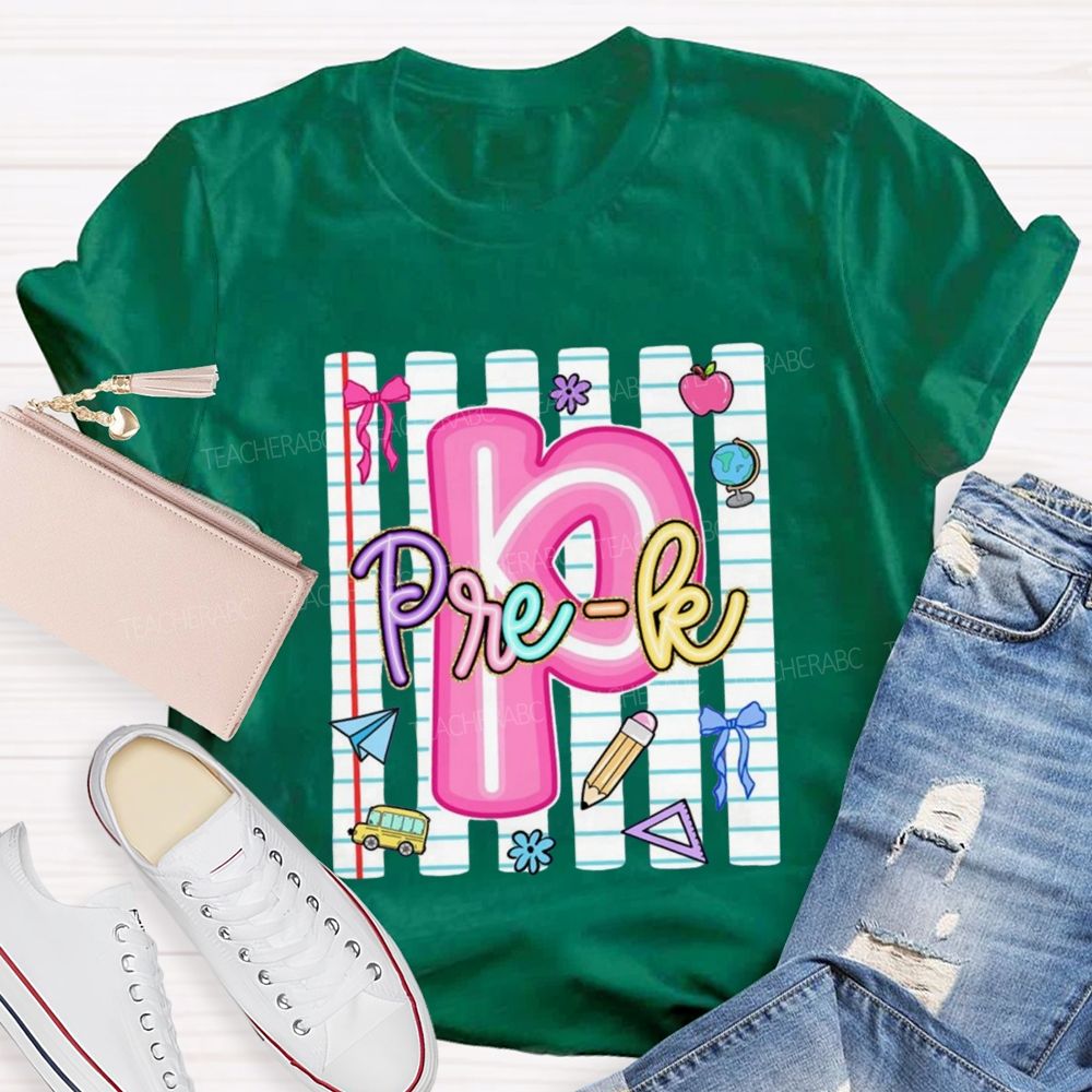 Personalized Grade Pink Letter P is For Pre-k Teacher T-shirt