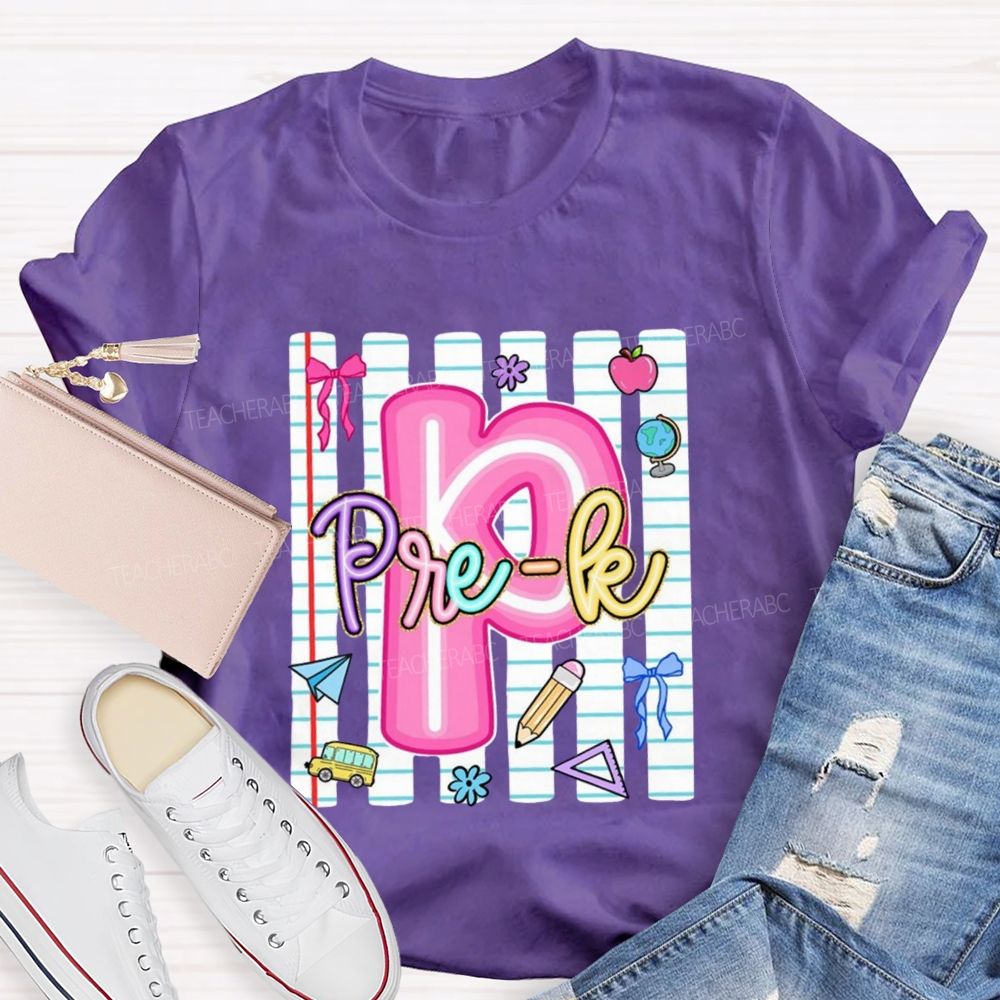 Personalized Grade Pink Letter P is For Pre-k Teacher T-shirt