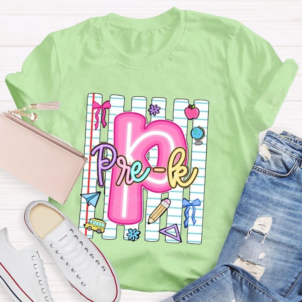 Personalized Grade Pink Letter P is For Pre-k Teacher T-shirt