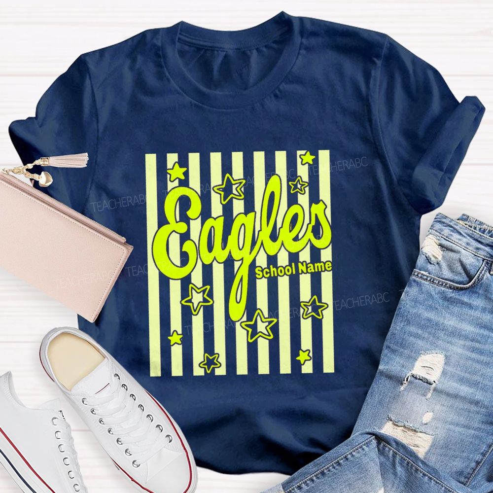 Personalized Mascot And School Name Colorful Strip Star Teacher T-Shirt