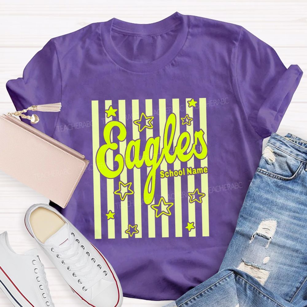 Personalized Mascot And School Name Colorful Strip Star Teacher T-Shirt