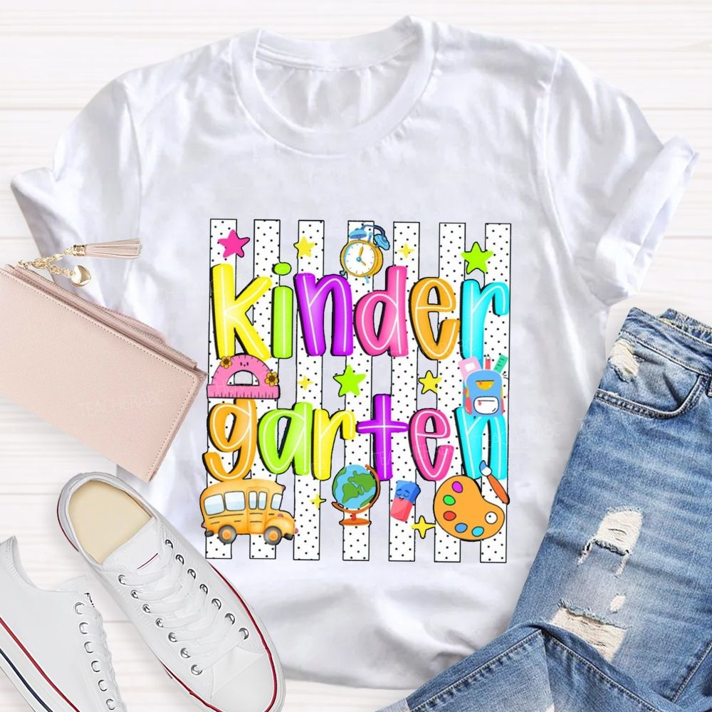 Personalized Grade Colorful Star School Bus Teacher T-Shirt