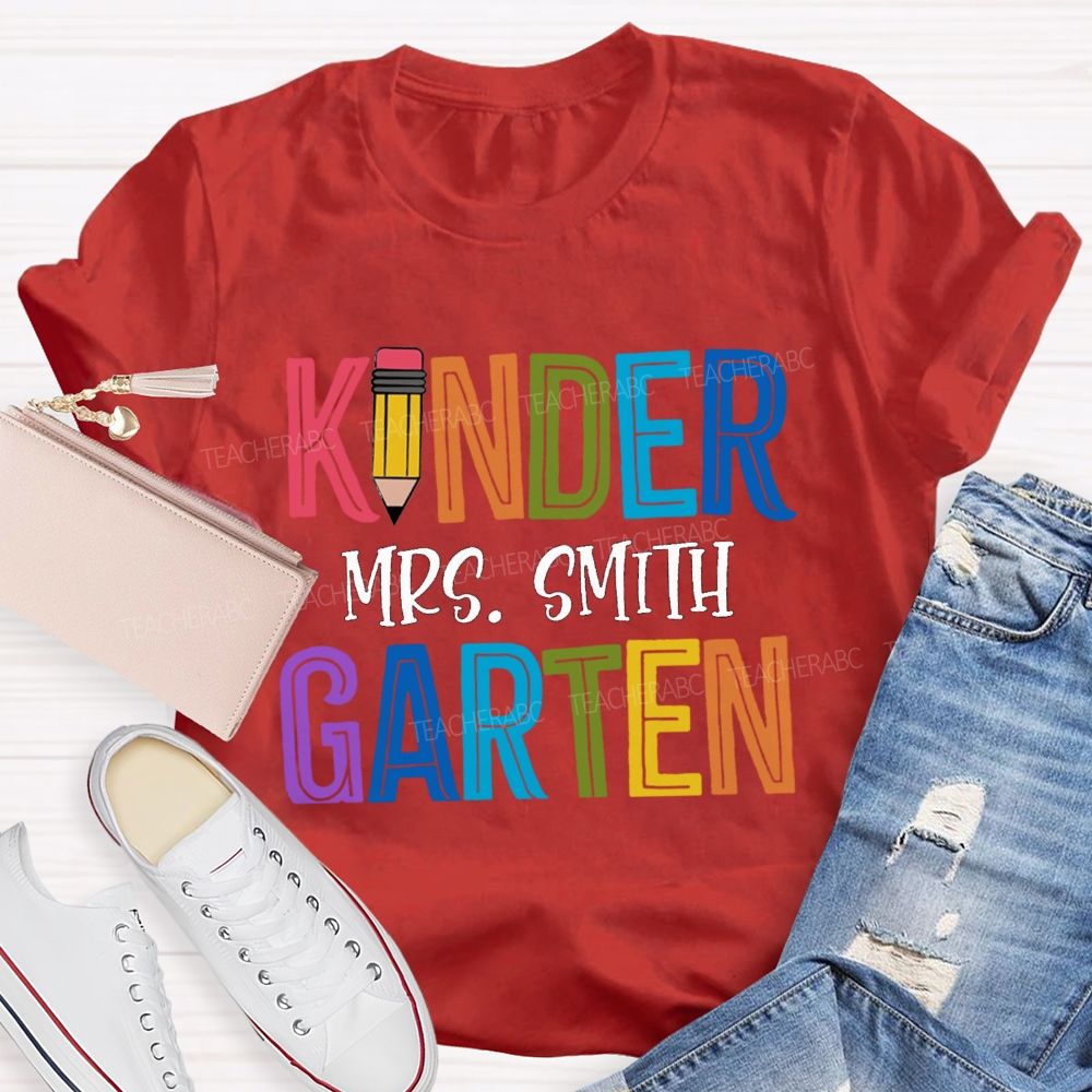 Personalized Grade And Name Colorful Letters Pencil  Teacher T-Shirt