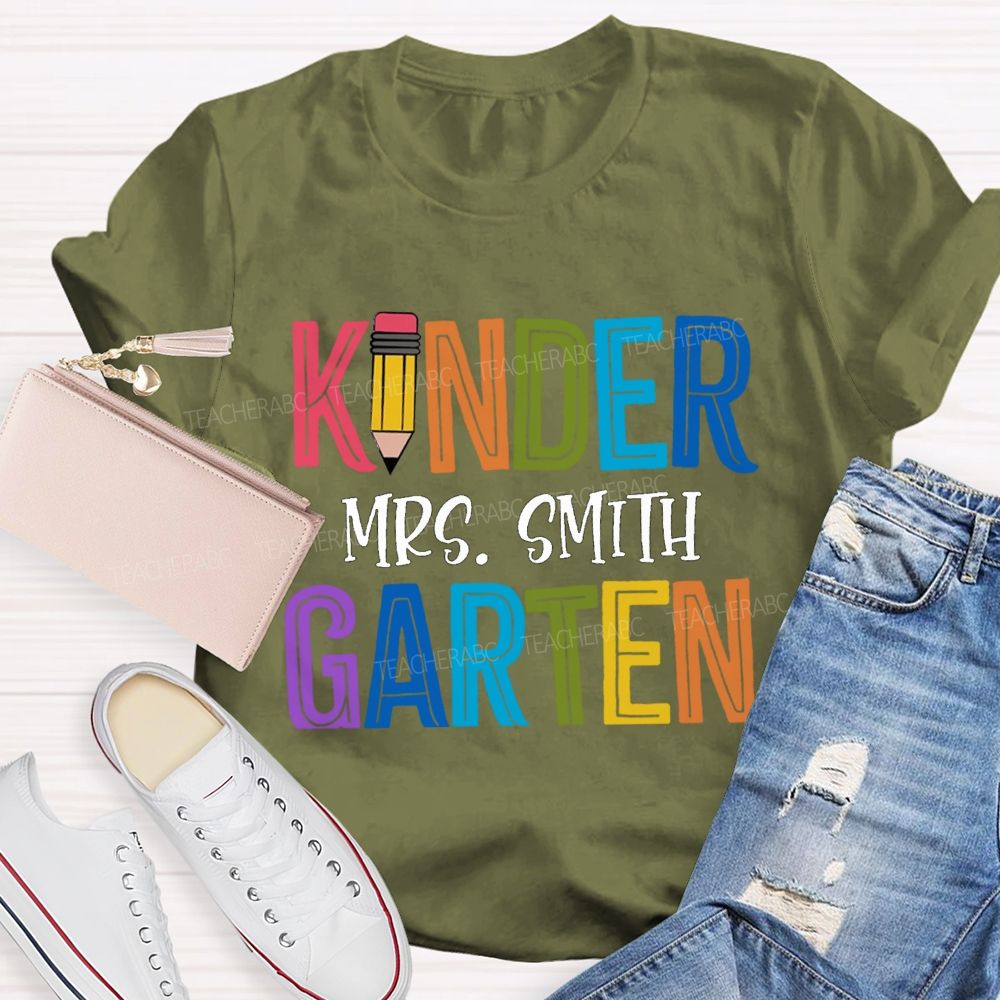 Personalized Grade And Name Colorful Letters Pencil  Teacher T-Shirt