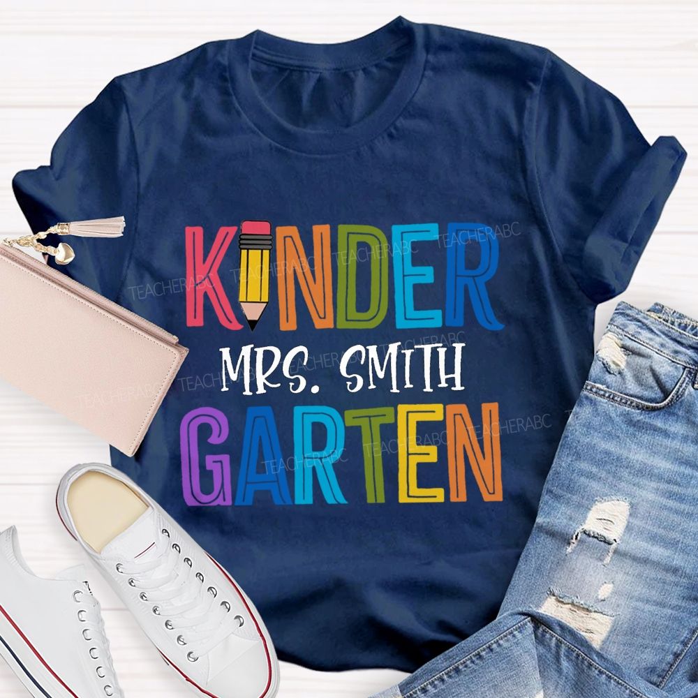 Personalized Grade And Name Colorful Letters Pencil  Teacher T-Shirt