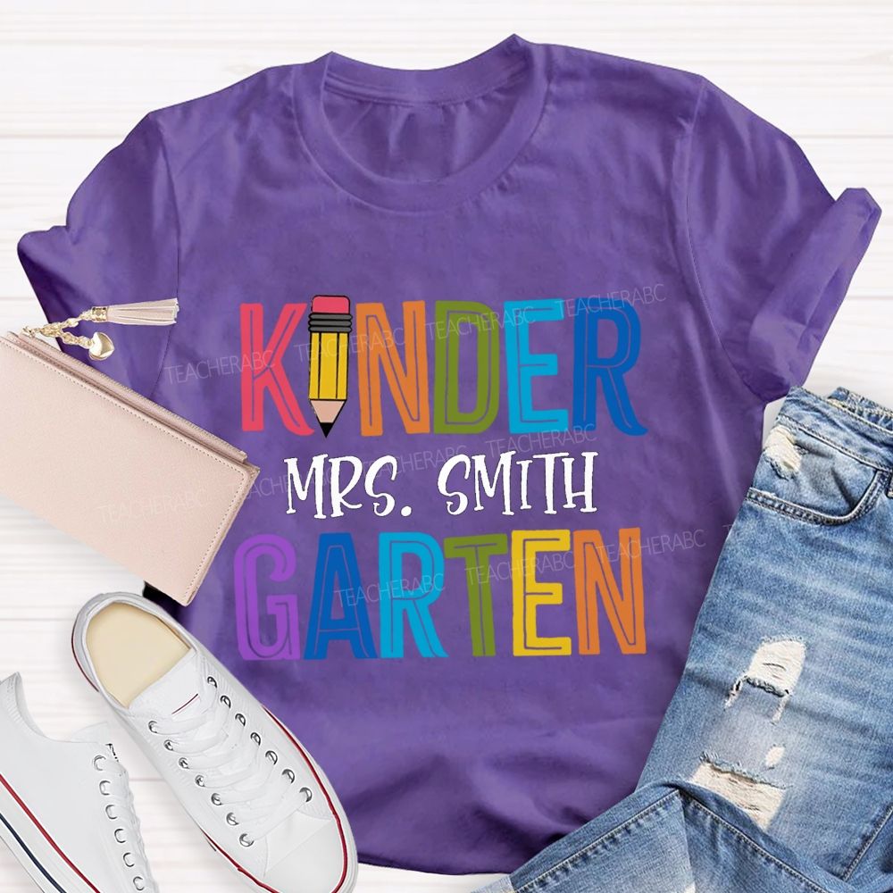 Personalized Grade And Name Colorful Letters Pencil  Teacher T-Shirt