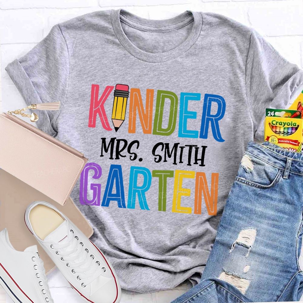 Personalized Grade And Name Colorful Letters Pencil  Teacher T-Shirt