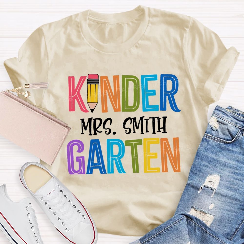 Personalized Grade And Name Colorful Letters Pencil  Teacher T-Shirt